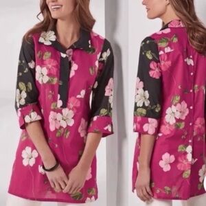 Soft Surroundings Medium Pink Black Floral Cotton Tunic Top Cottagecore Boho Art